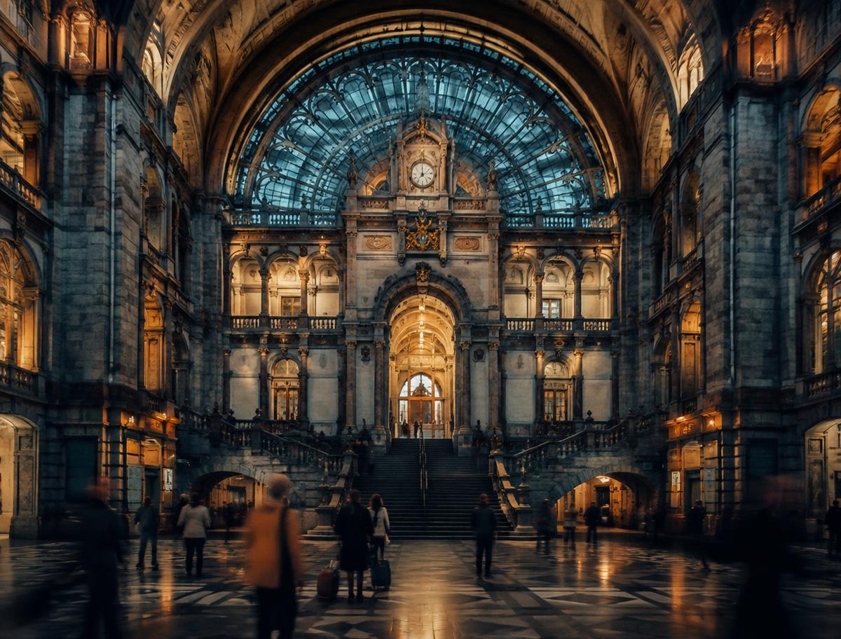 Grote hal van het Centraal Station van Antwerpen met reizigers onder de glazen koepel