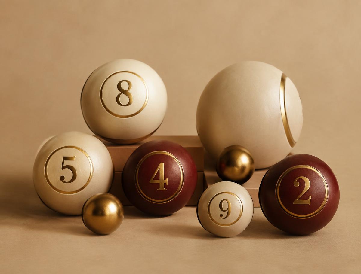 Stilleven met ivoorkleurige en bordeauxrode genummerde bollen met gouden details