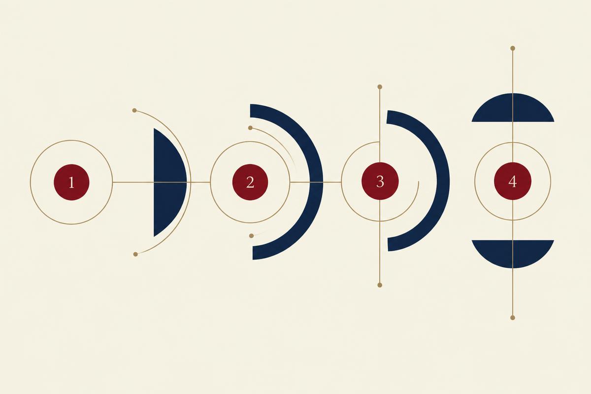 Geometrische illustratie van vier genummerde stappen in een trekkingsprocedure
