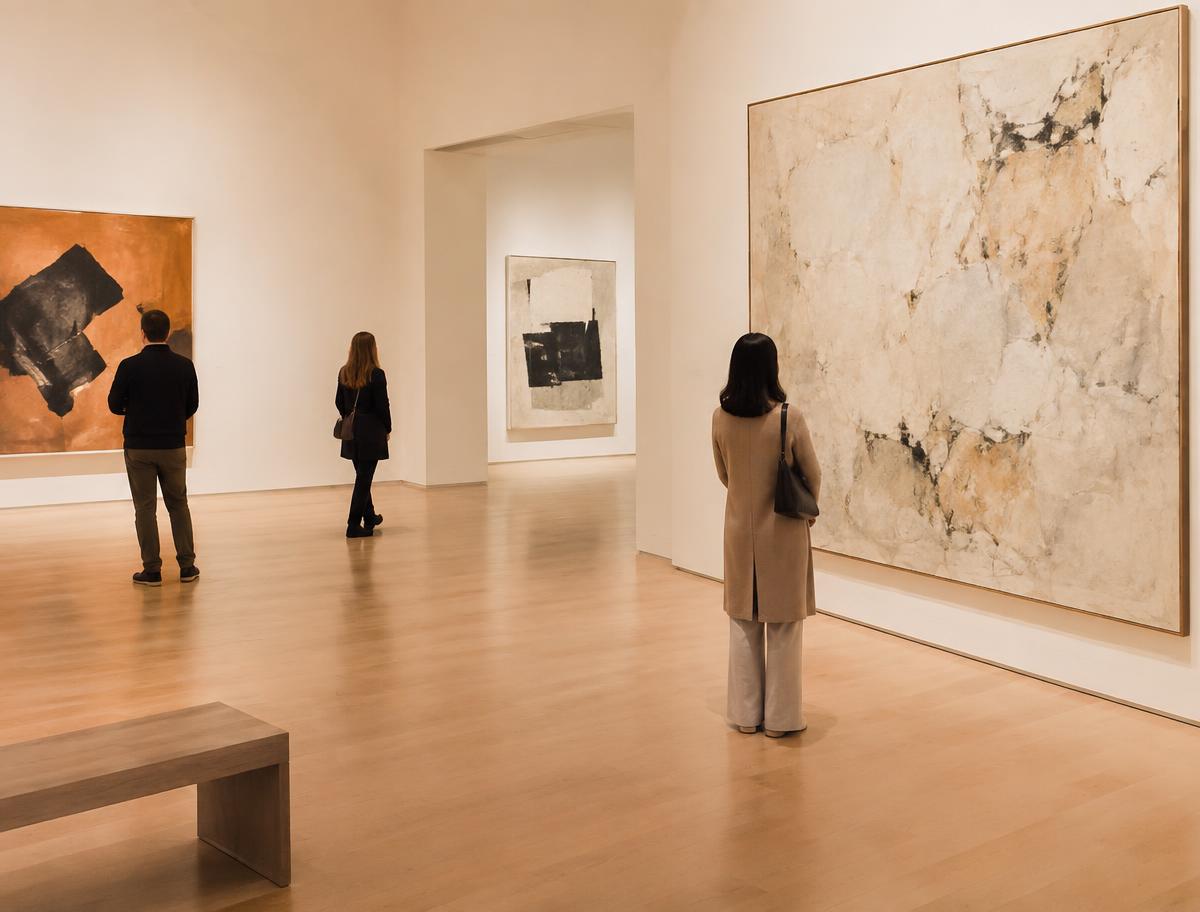 Bezoekers in een lichte museumzaal met grote abstracte schilderijen