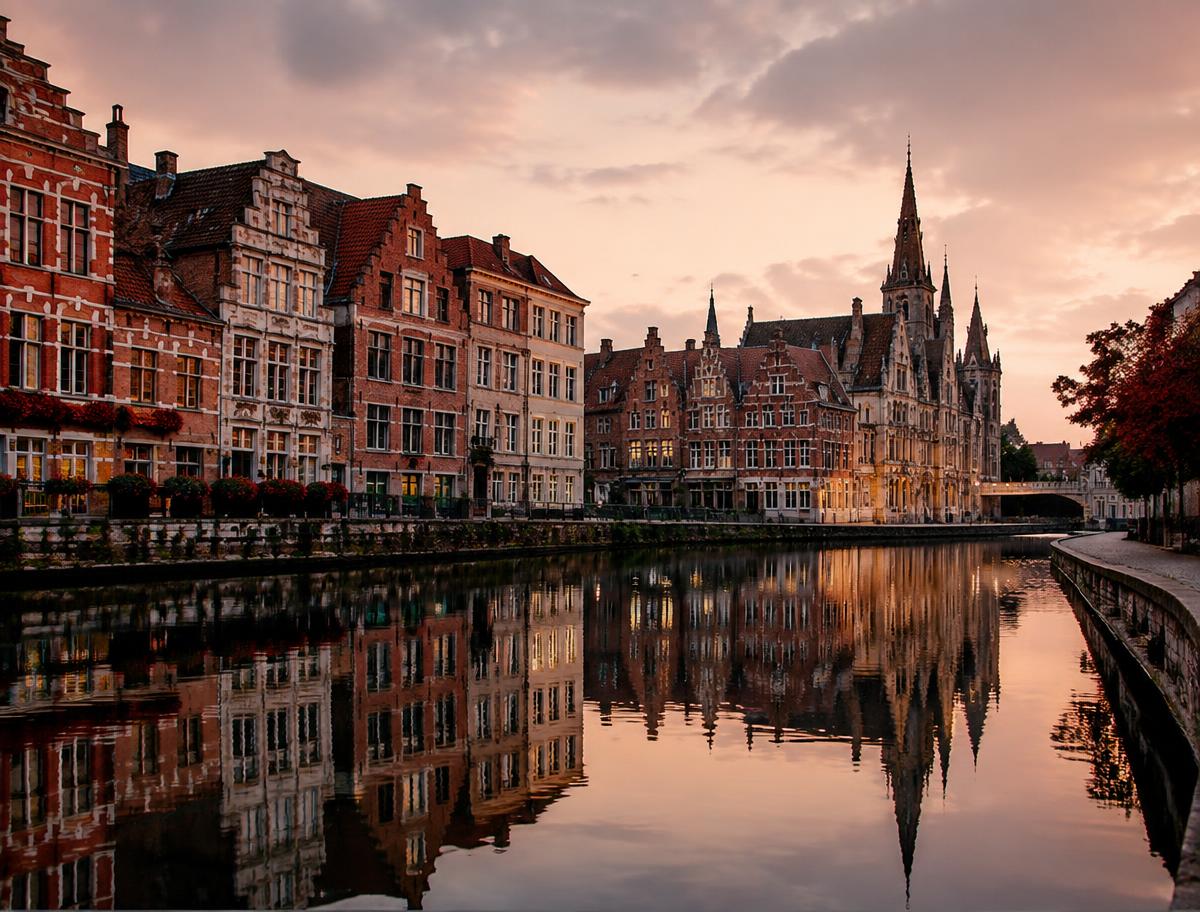 Grachtenpanden in Gent bij zonsondergang met weerspiegeling in het water