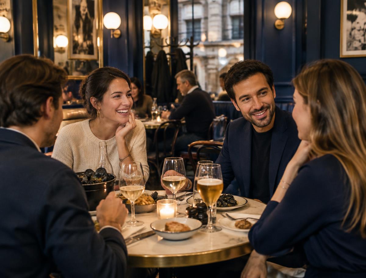 Vrienden aan tafel in een klassieke Belgische brasserie